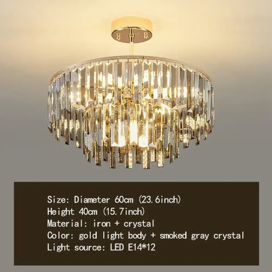 Elegant Modern Crystal Gold Chandelier - Round Smoked Gray Crystal Design - Perfect for Luxury Living Rooms and Bedrooms - DecorGlobe