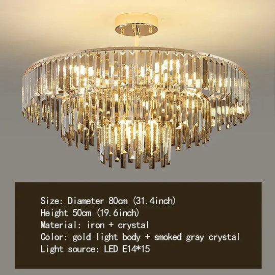 Elegant Modern Crystal Gold Chandelier - Round Smoked Gray Crystal Design - Perfect for Luxury Living Rooms and Bedrooms - DecorGlobe