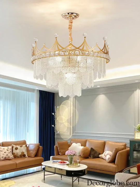 Elegant Modern Minimalist Crown K9 Crystal Chandelier - A Round Golden Fixture for Living Rooms and Bedrooms - DecorGlobe