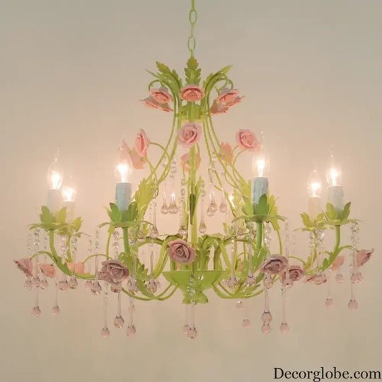 European Rose Flower Chandelier - Green Lustre Light in 6L/8L/12L Sizes, E14 Decoration Light Fixture in Pink - DecorGlobe