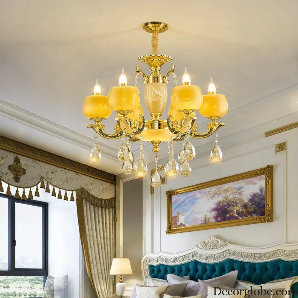 European Style Jade Crystal Chandelier - Luxury Lighting with Natural Marble Accents for Dining Rooms, Bedrooms, and Living Spaces - DecorGlobe