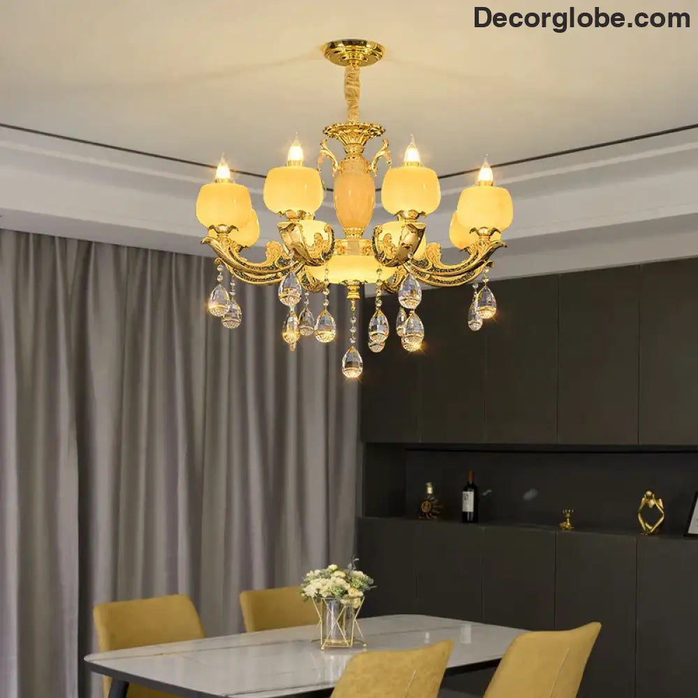 European Style Jade Crystal Chandelier - Luxury Lighting with Natural Marble Accents for Dining Rooms, Bedrooms, and Living Spaces - DecorGlobe