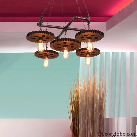 Farmhouse Bronze Metal Chandelier - 5 Lights Open Bulb Hanging Light Kit for Restaurants Bronze