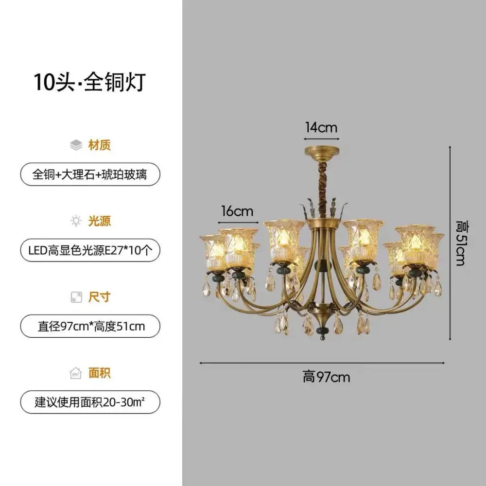 French-Style Vintage All-Copper Solid Wood Main Lighting Fixture for Living Room and Hall Retro American-Style Dining
