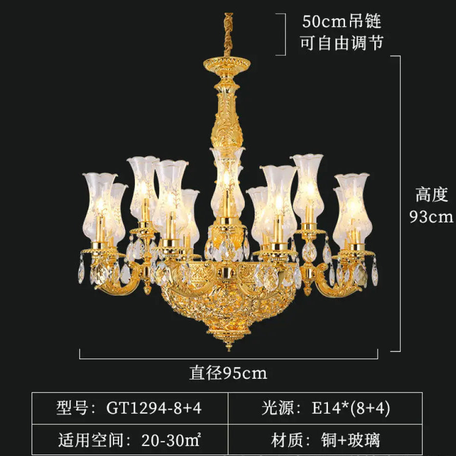French Retro Crystal Copper Chandelier for Luxury Villas 8 + 4 heads (diameter 95cm, height 93cm)