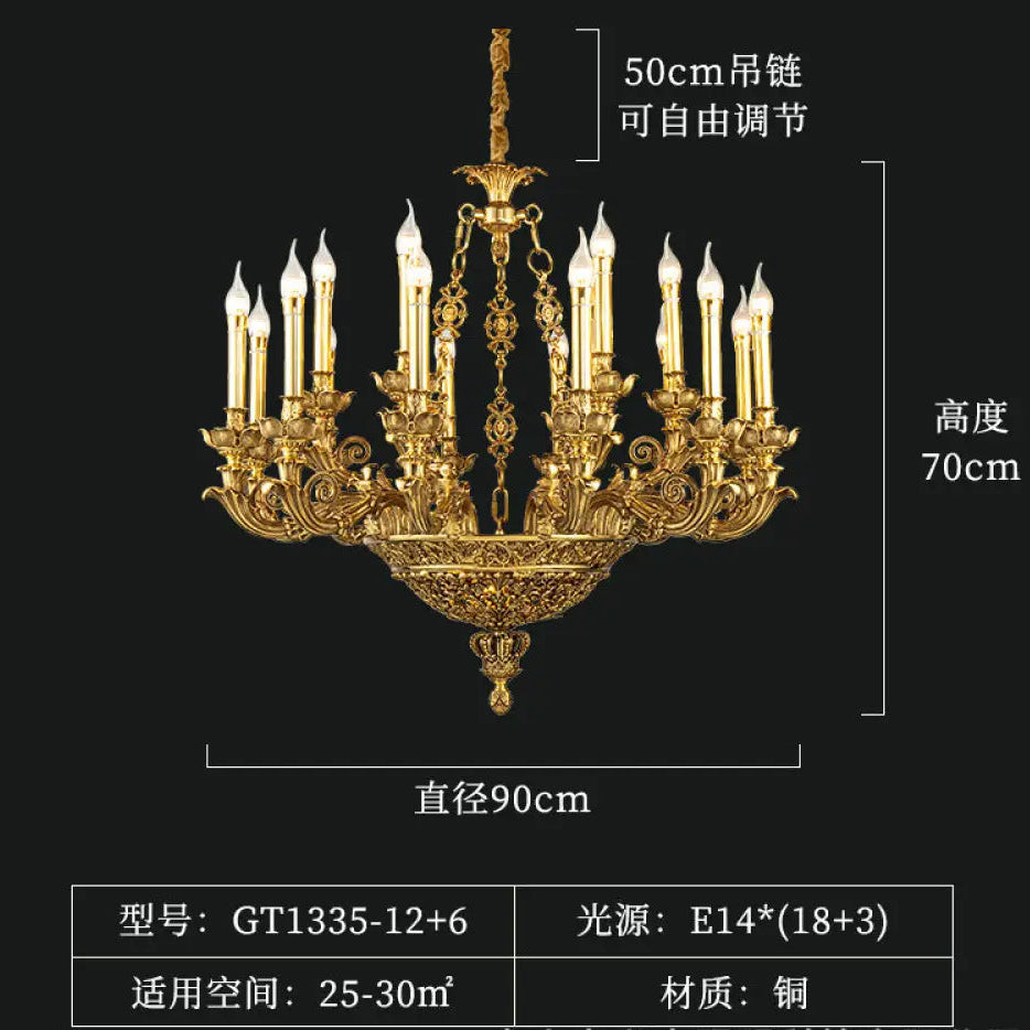 French-Style Copper Crystal Chandelier for Luxury Villas 12 + 6-Head Chandelier (Diameter 90cm Height 70cm)