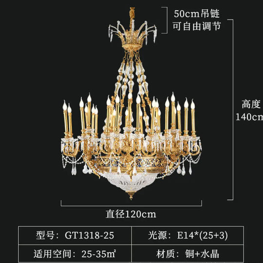 French-Style Hollow Crystal Copper Chandelier for Luxury Villas 25-head chandelier (diameter 120cm, height 140cm)