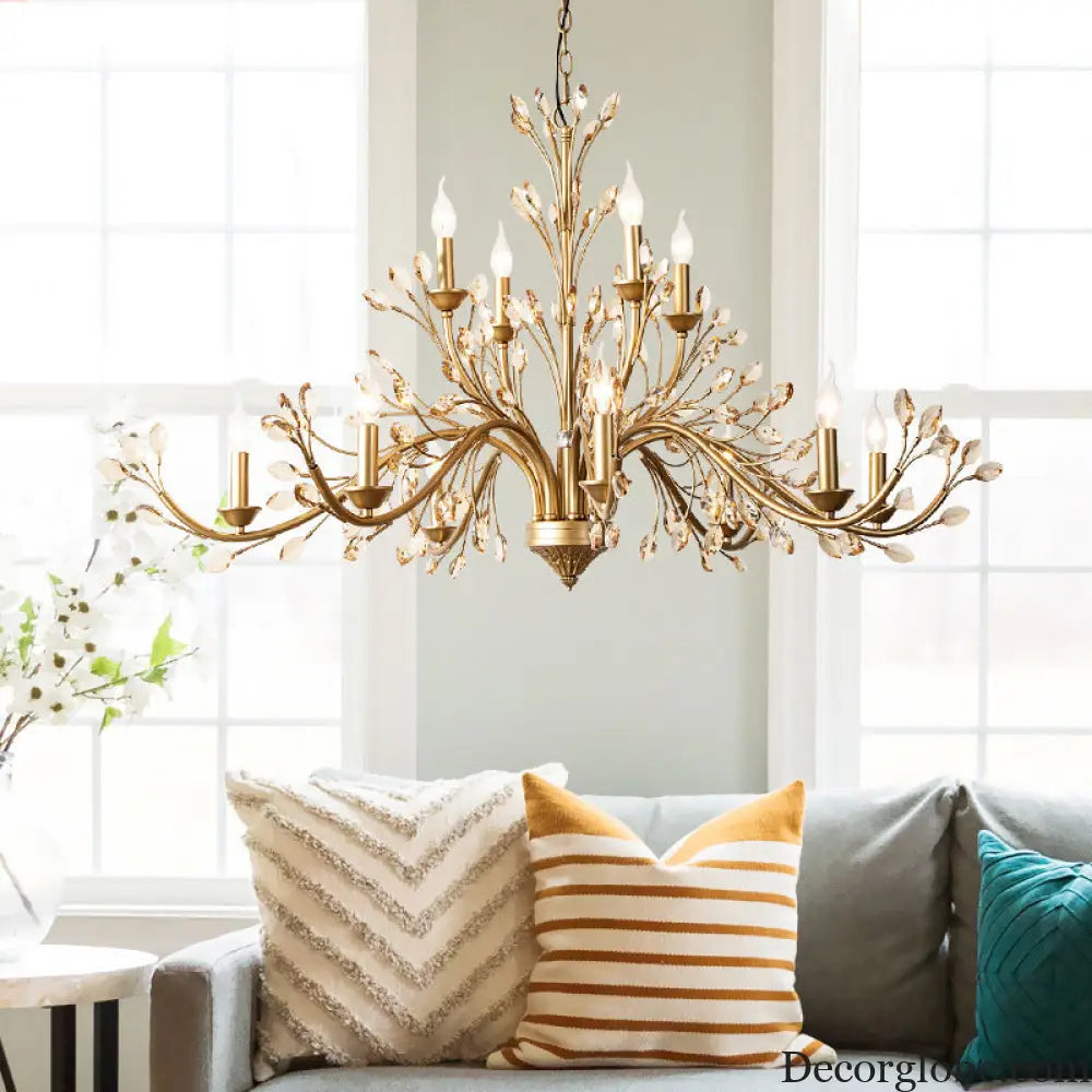 Gold Amber Crystal Branch Pendant Chandelier - Rustic Bedroom Suspension Lighting - DecorGlobe