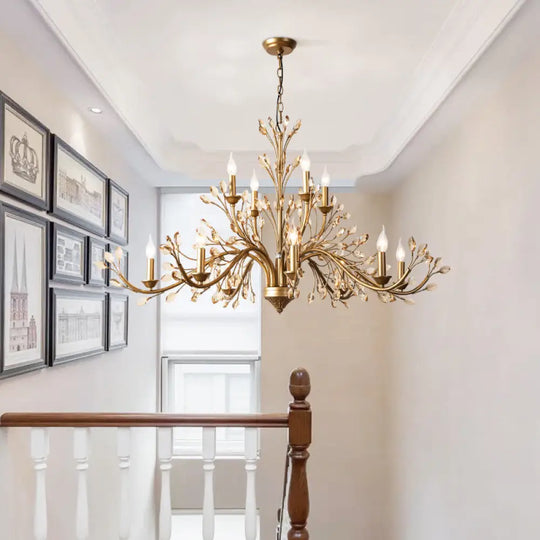 Gold Amber Crystal Branch Pendant Chandelier - Rustic Bedroom Suspension Lighting - DecorGlobe