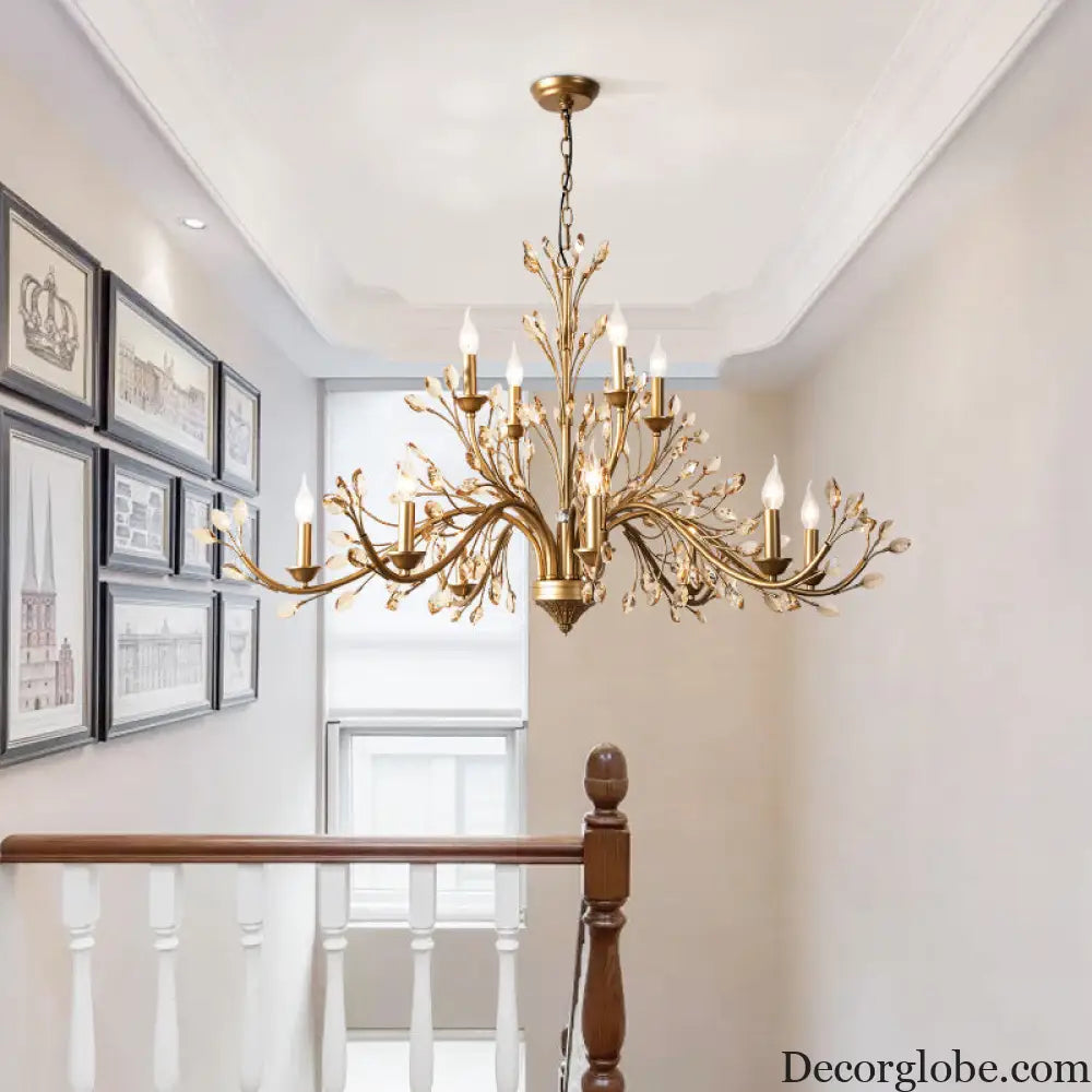 Gold Amber Crystal Branch Pendant Chandelier - Rustic Bedroom Suspension Lighting - DecorGlobe