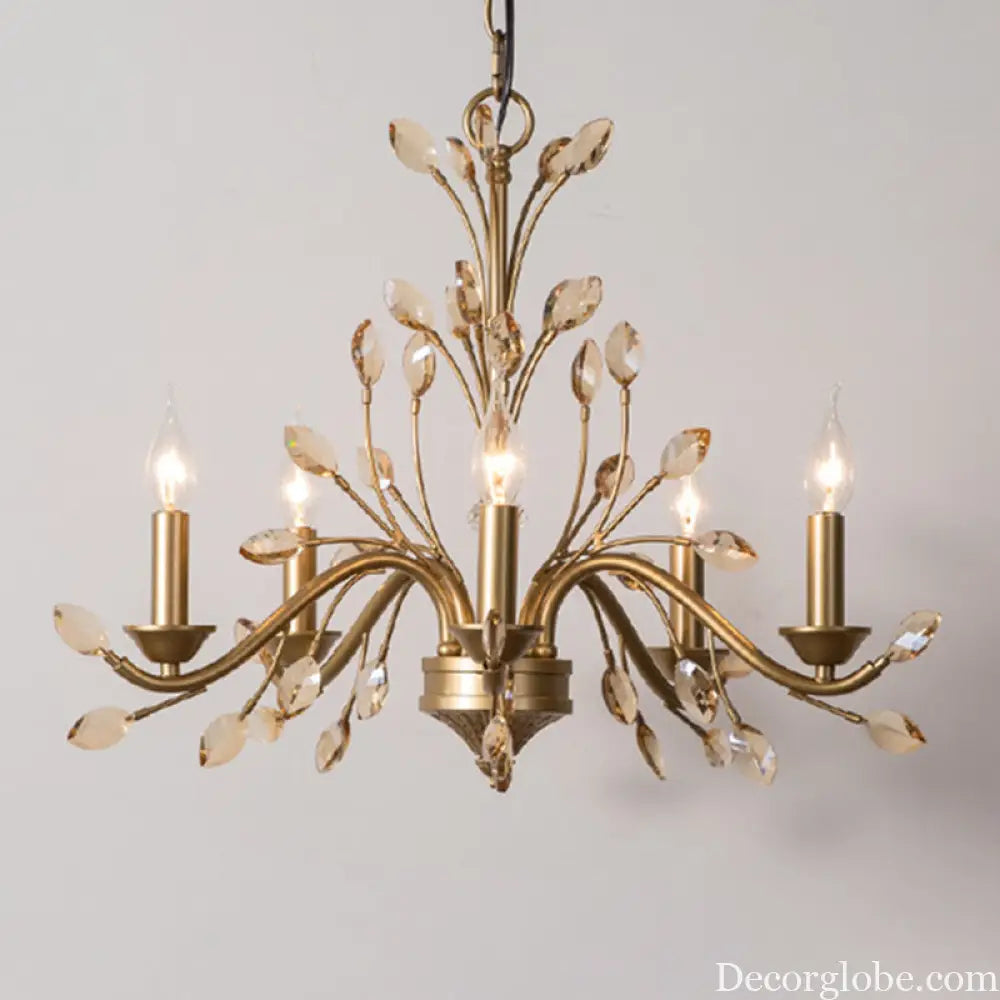 Gold Amber Crystal Branch Pendant Chandelier - Rustic Bedroom Suspension Lighting - DecorGlobe