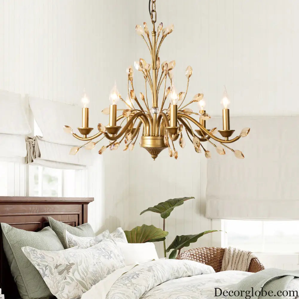 Gold Amber Crystal Branch Pendant Chandelier - Rustic Bedroom Suspension Lighting - DecorGlobe