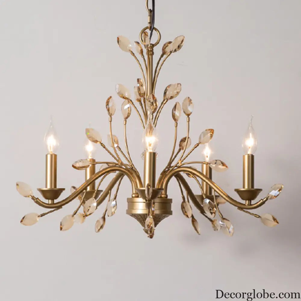 Gold Amber Crystal Branch Pendant Chandelier - Rustic Bedroom Suspension Lighting - DecorGlobe