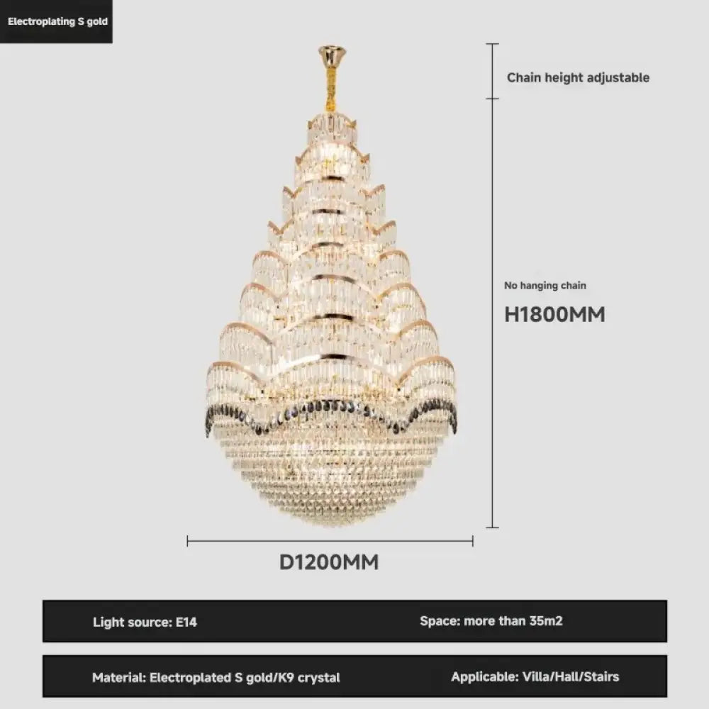Grand Crystal Mezzanine Pendant Chandelier for High Ceiling Spaces D120CM H190CM / White light Chandelier