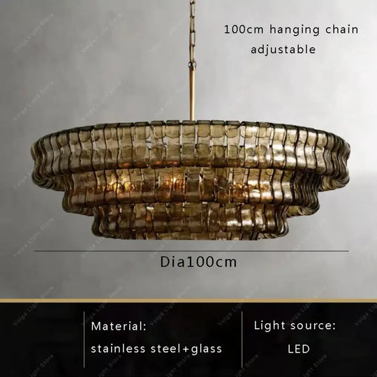 Gray Glass Round Ceiling Chandelier 100cm 3-layers / Natural light Chandelier