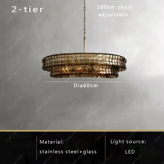Gray Glass Round Ceiling Chandelier 60cm 2-layers / Natural light Chandelier