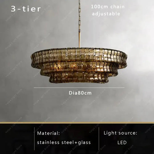 Gray Glass Round Ceiling Chandelier 80cm 3-layers / Natural light Chandelier