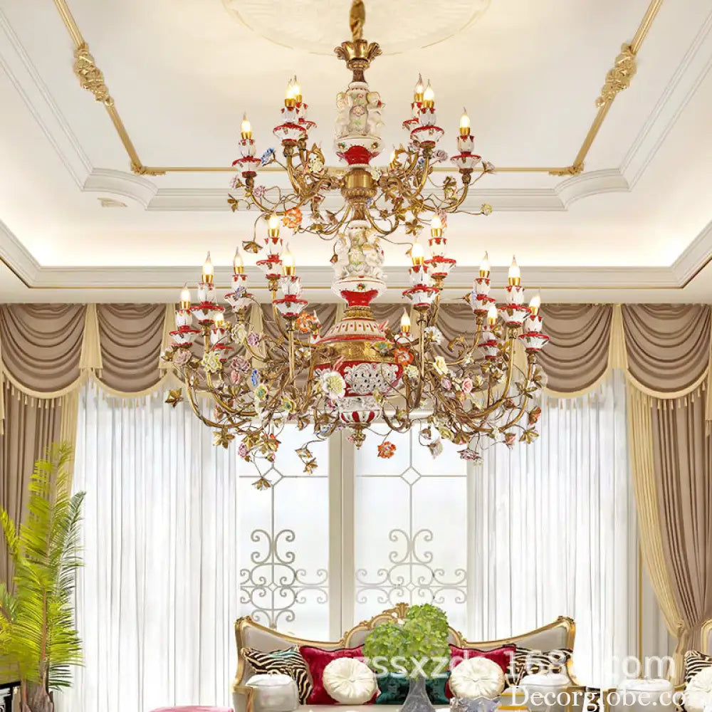 French duplex building copper chandelier European living room lamp luxury atmosphere ceramic villa empty large
