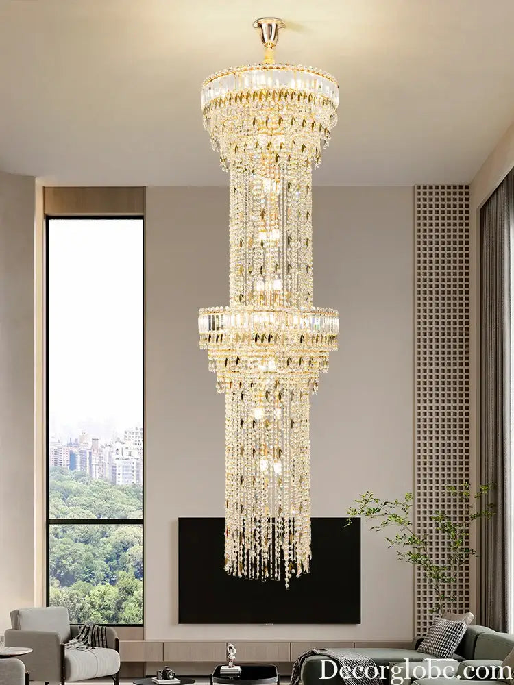 Hollow Spiral Crystal Long Chandelier for Staircase and Living Room Chandelier