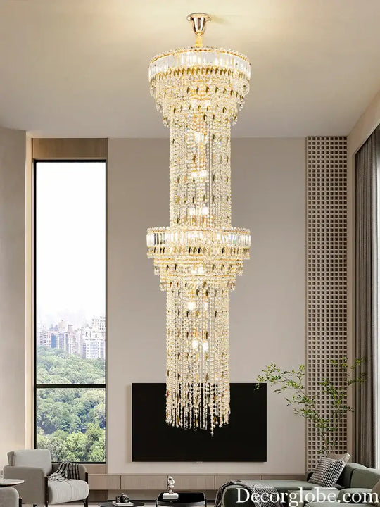 Hollow Spiral Crystal Long Chandelier for Staircase and Living Room Chandelier
