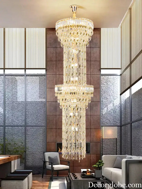 Hollow Spiral Crystal Long Chandelier for Staircase and Living Room Chandelier