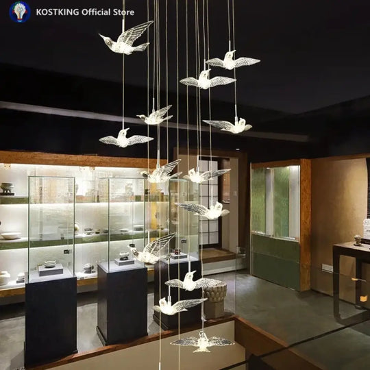 Acrylic Bird LED Pendant Lamp Pigeon Staircase Chandelier Hall Ceiling Hanging Lights Indoor Stair Artistic Decoration