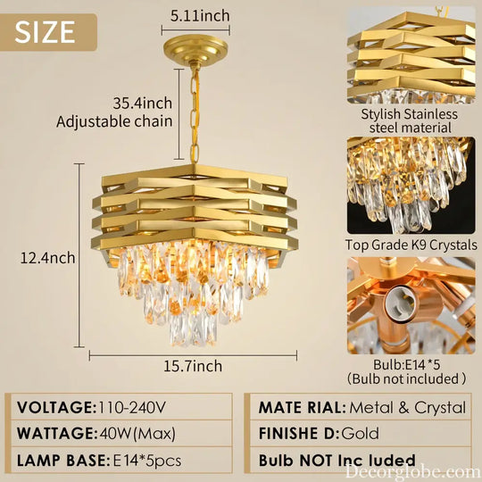 Modern Gold Hexagonal Crystal Chandelier K9 Crystal Adjustable Chain Light Fixture for Dining Room Living Room Kitchen