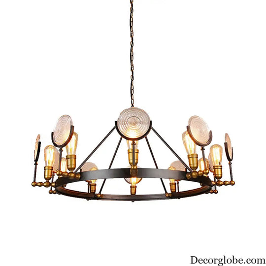 Clear Textured Glass Chandelier: Round Industrial Pendant Lighting - 6/8 Light | Brass Finish for Dining Room