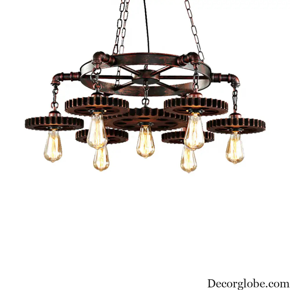 Vintage Copper Chandelier with 7 Lights - Retro Industrial Pendant Lamp in Gear Shape Weathered Copper