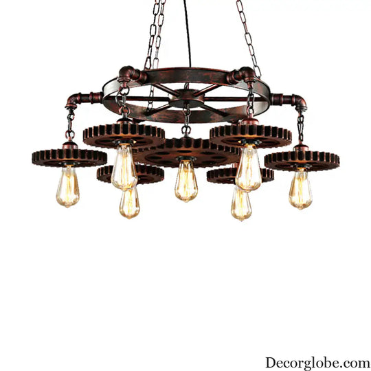 Vintage Copper Chandelier with 7 Lights - Retro Industrial Pendant Lamp in Gear Shape Weathered Copper