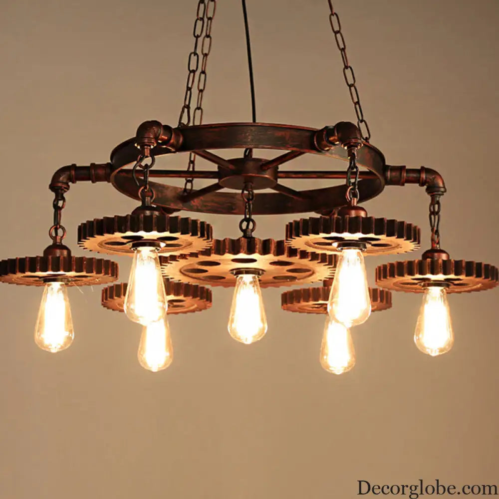Vintage Copper Chandelier with 7 Lights - Retro Industrial Pendant Lamp in Gear Shape Weathered Copper