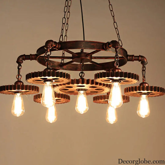 Vintage Copper Chandelier with 7 Lights - Retro Industrial Pendant Lamp in Gear Shape Weathered Copper