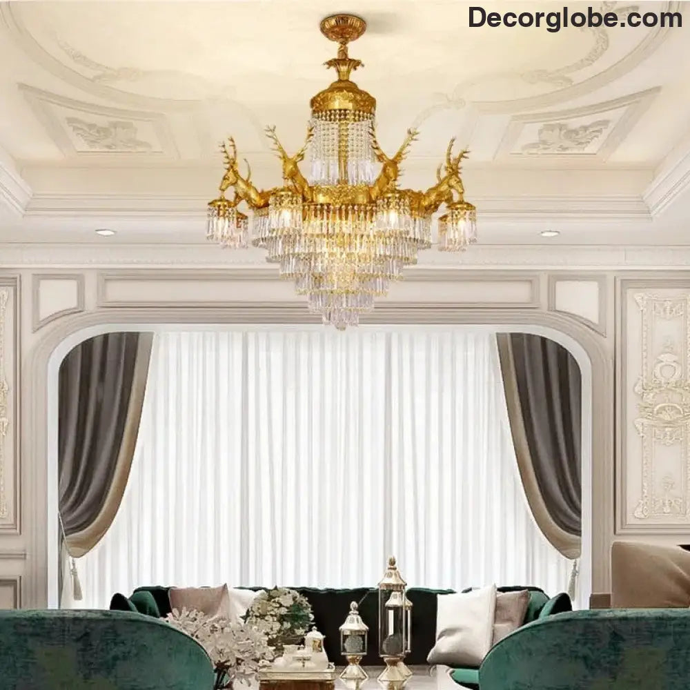Isabelle French Deer Vintage Brass Crystal Chandelier E14 Ceiling Light Chandelier