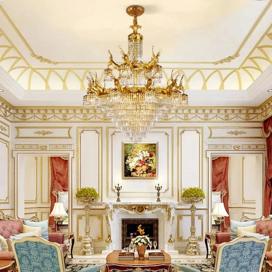 Isabelle French Deer Vintage Brass Crystal Chandelier E14 Ceiling Light Chandelier