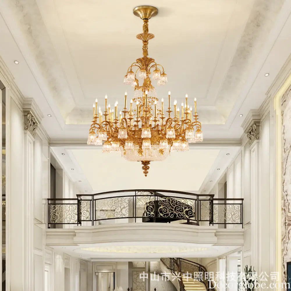 European-style copper Villa Hall chandelier French luxury elegant duplex building high retro living room candle crystal