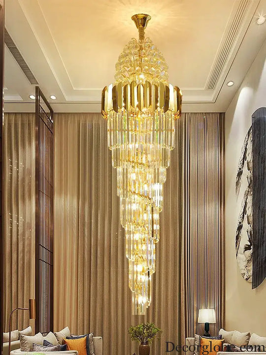 Luxurious Interior Hall Stairwell Golden Chandelier - Modern Elegance with Clean Crystal Ball Accents and LED Lighting - DecorGlobe