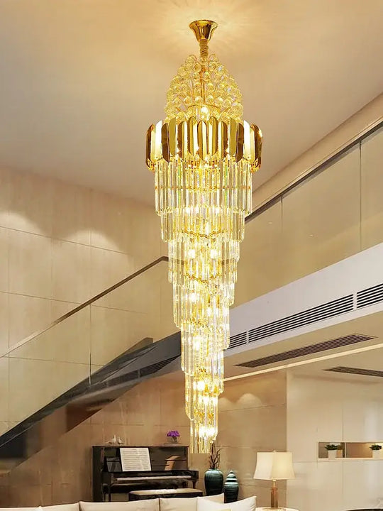 Luxurious Interior Hall Stairwell Golden Chandelier - Modern Elegance with Clean Crystal Ball Accents and LED Lighting - DecorGlobe