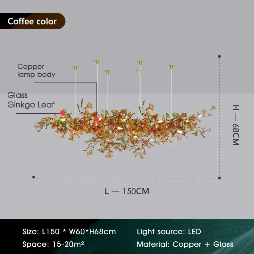 Luxury Ginkgo Leaf Glass Branch Chandelier L150xW60xH68 Coffee Chandelier