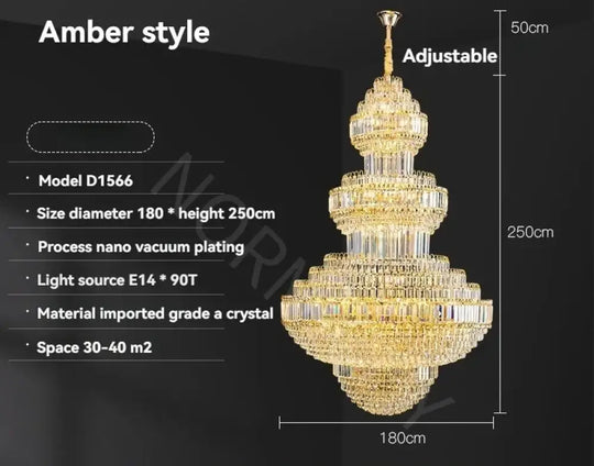 Luxury Hollow Crystal Pendant Chandelier for Villa and Hotel Lobby Amber D180XH250CM / Warm light Chandelier