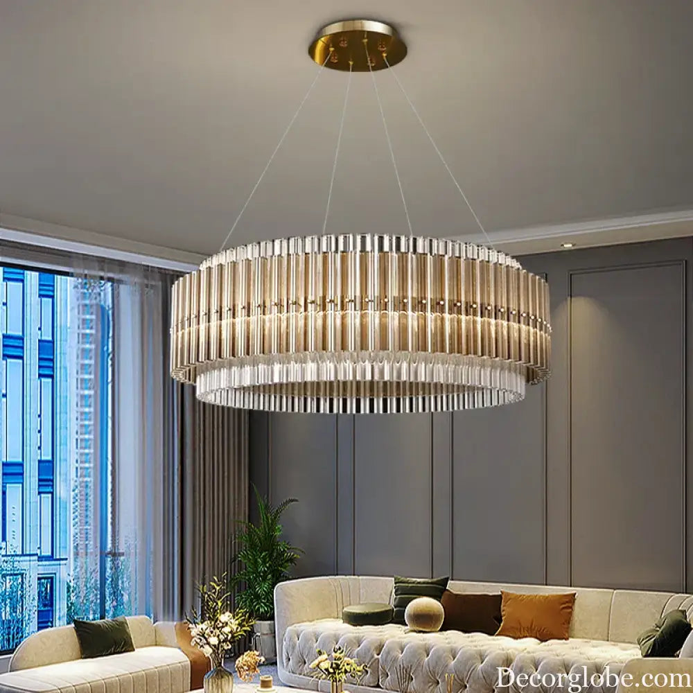 Luxury LED Chandelier for Living Room - Modern Round Glass Hanging Lamp in Gold - DecorGlobe