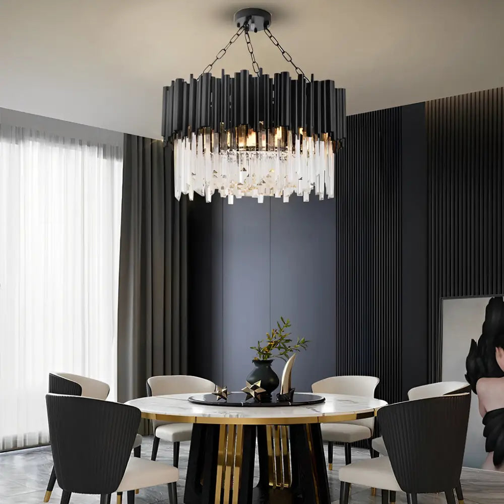 Circular Clear Crystal Metal Black Modern Chandelier Pendant Lamp 24’’ Lighting > Ceiling lights > Chandeliers