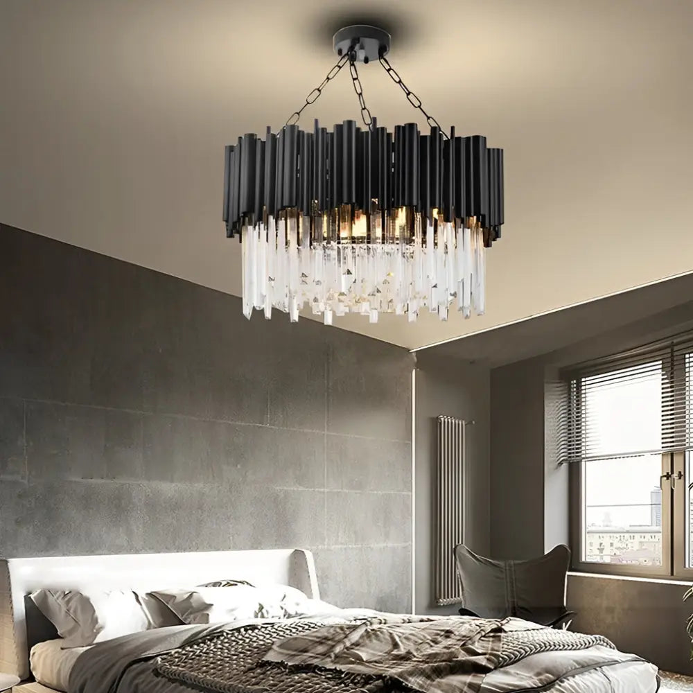Circular Clear Crystal Metal Black Modern Chandelier Pendant Lamp 31’’ Lighting > Ceiling lights > Chandeliers