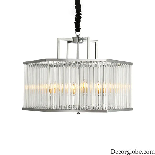 Hexagon Chrome Pendant Chandelier with Crystal - Modern Metal Hanging Lamp for Living Room Chrome