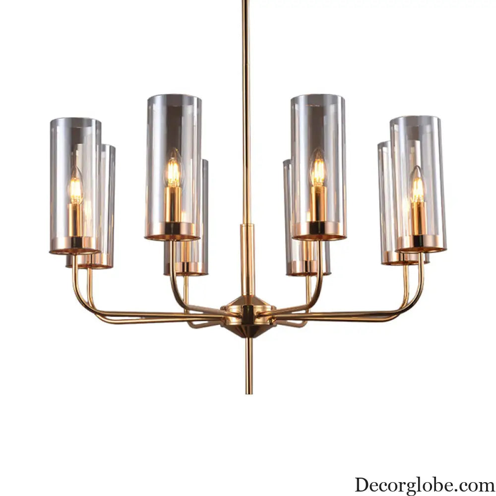 Cognac Glass Cylinder Chandelier: Modern 8 Bulb Pendant Ceiling Light for Dining Room Cognac
