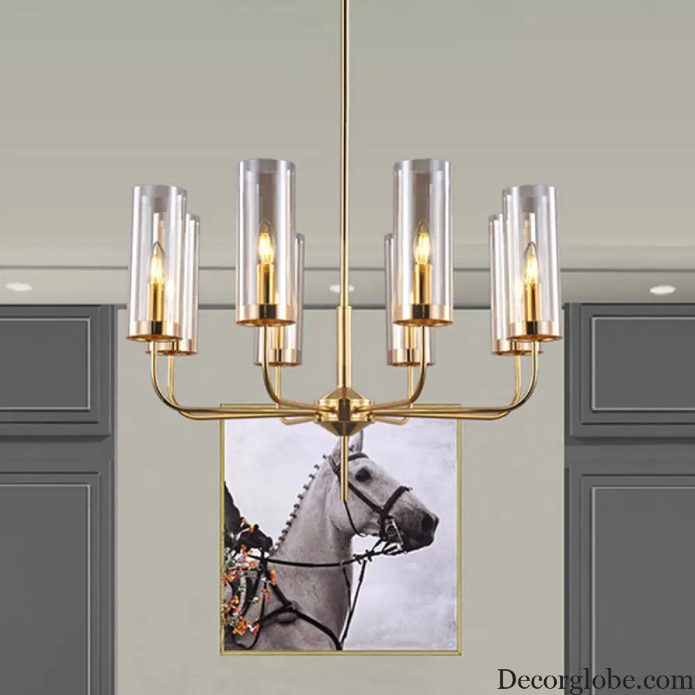 Cognac Glass Cylinder Chandelier: Modern 8 Bulb Pendant Ceiling Light for Dining Room Cognac
