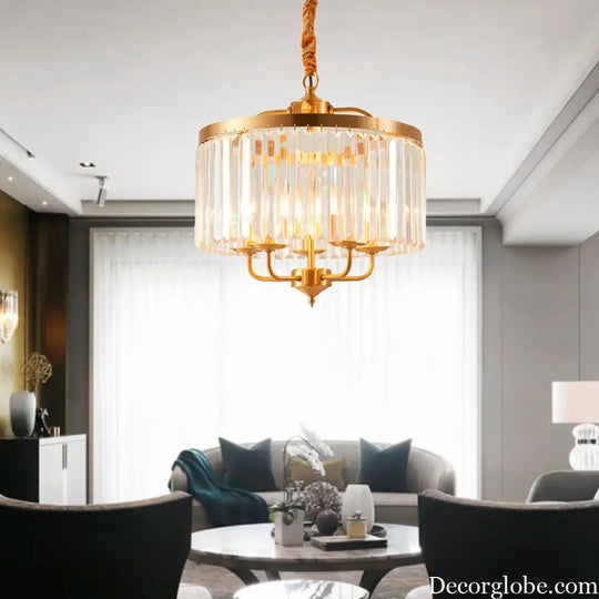 Modern Crystal Cylinder Chandelier Pendant Light - 4 Heads Brass Finish Curved Metal Arm Brass