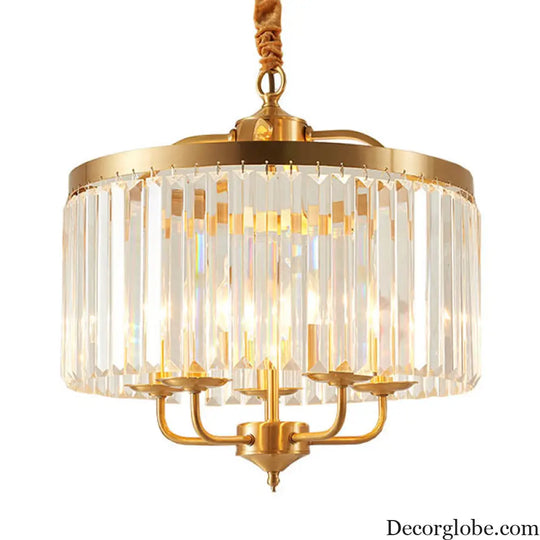 Modern Crystal Cylinder Chandelier Pendant Light - 4 Heads Brass Finish Curved Metal Arm Brass