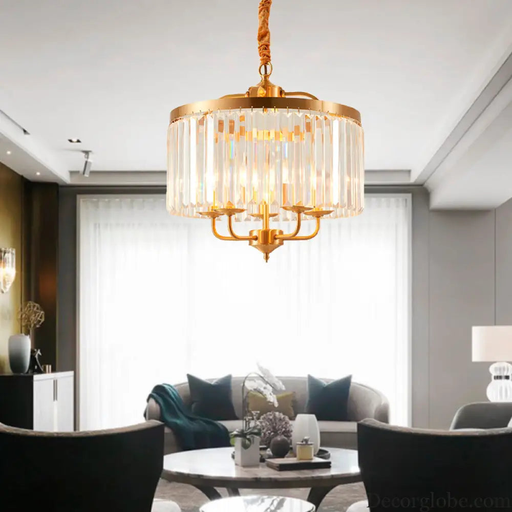 Modern Crystal Cylinder Chandelier Pendant Light - 4 Heads Brass Finish Curved Metal Arm Brass