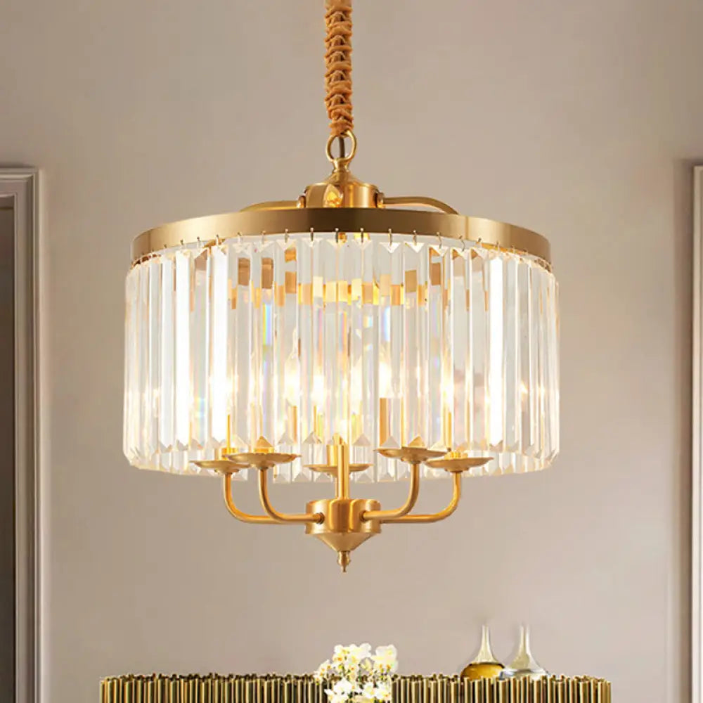 Modern Crystal Cylinder Chandelier Pendant Light - 4 Heads Brass Finish Curved Metal Arm Brass