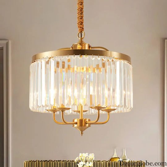 Modern Crystal Cylinder Chandelier Pendant Light - 4 Heads Brass Finish Curved Metal Arm Brass